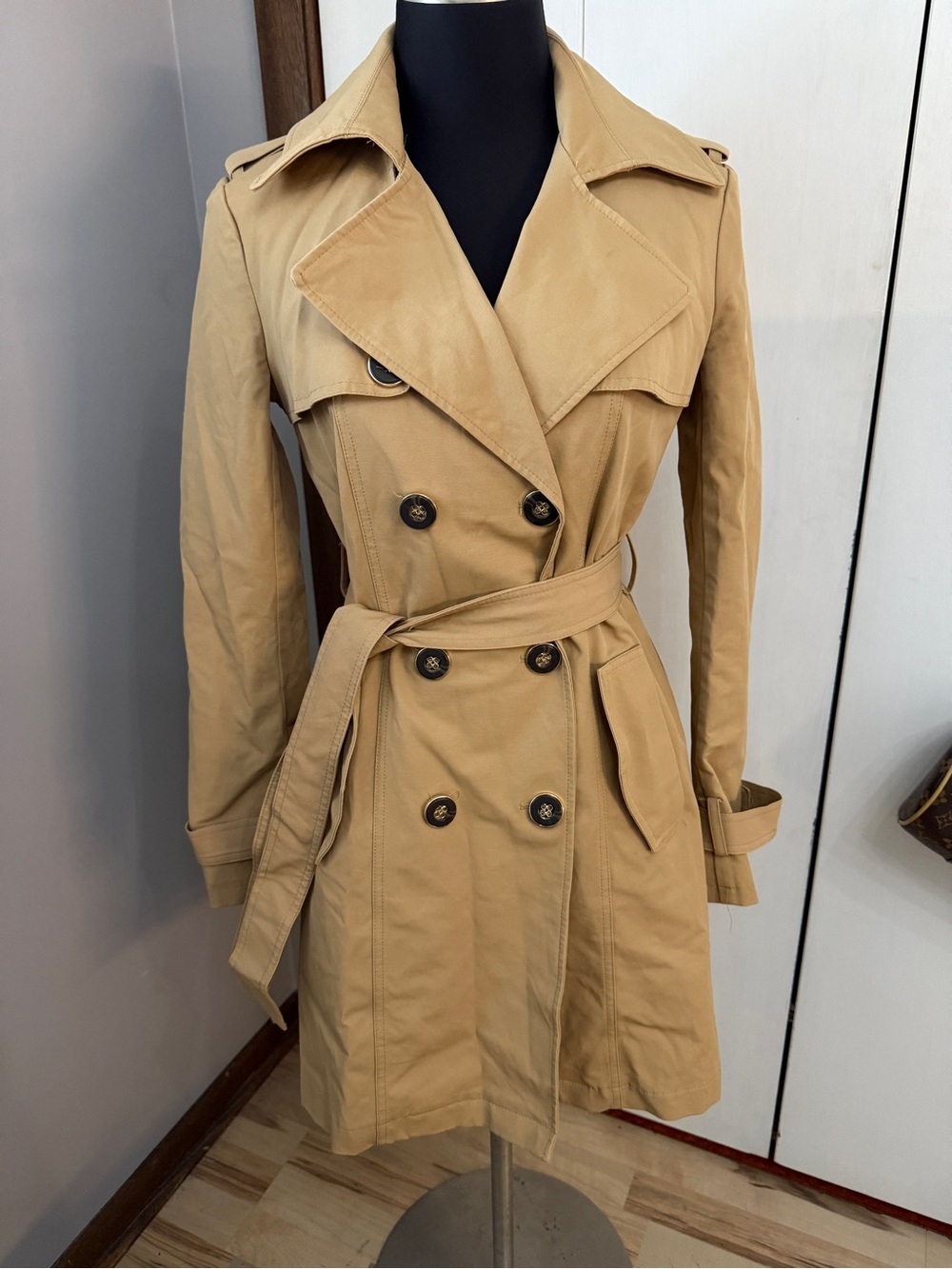 New York & Company Tan Double-Breasted Trench Coat with Belt